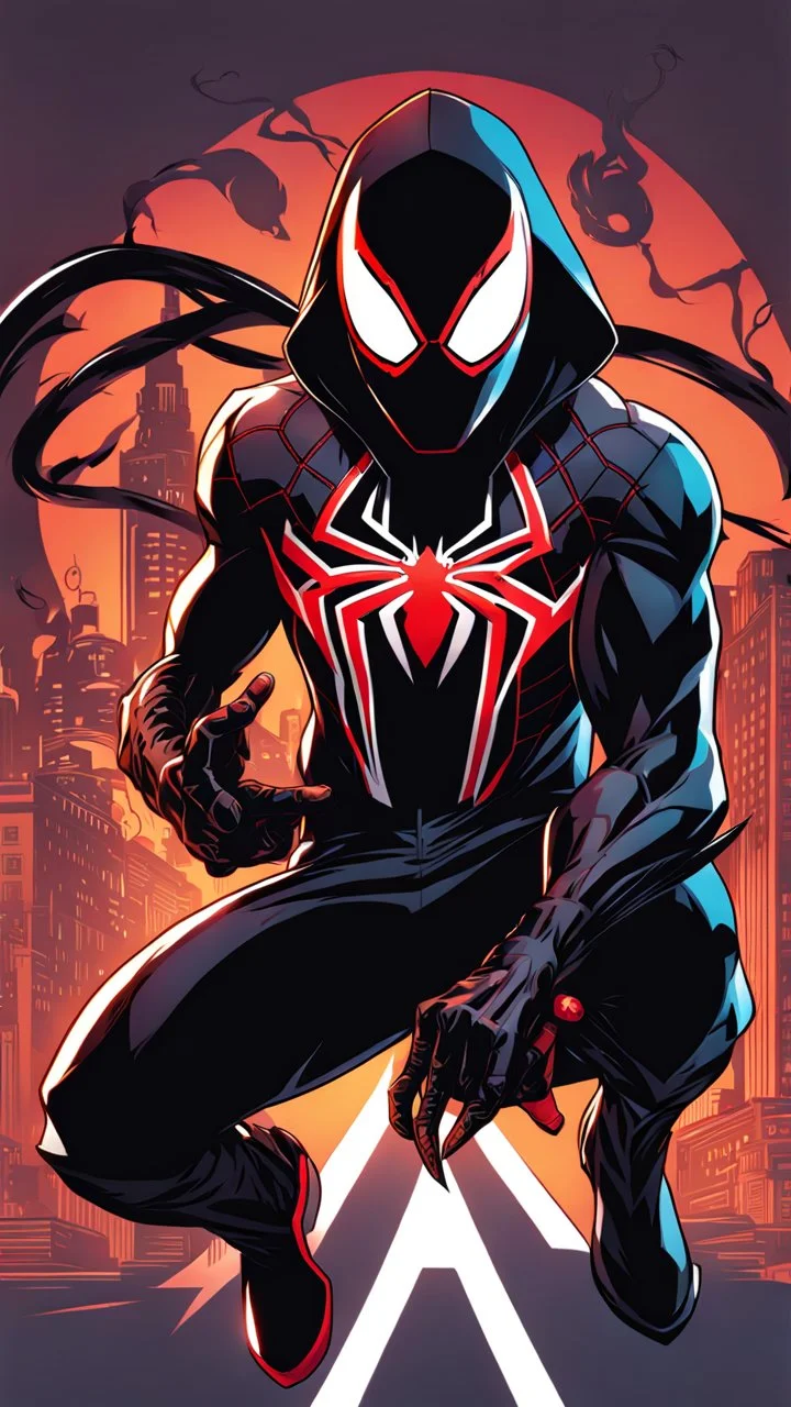 miles morales mix with venom symbiote in solo leveling shadow artstyle, Street boy them, intricate details, highly detailed, high details