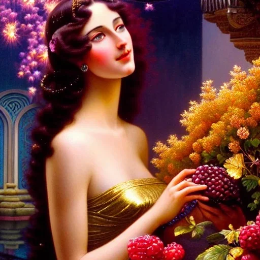 Hyperdetailed oil on canvas, young annie henley at a temple fountain, beautiful, detailed face, long dark hair, surrounded by luminous colorful sparkles, airbrush, depth of field, raspberries, blackberries, octane render, by gaspar camps, maxfield parrish, alphonse mucha, cyril rolando, volumetric lighting, dusk, 16k