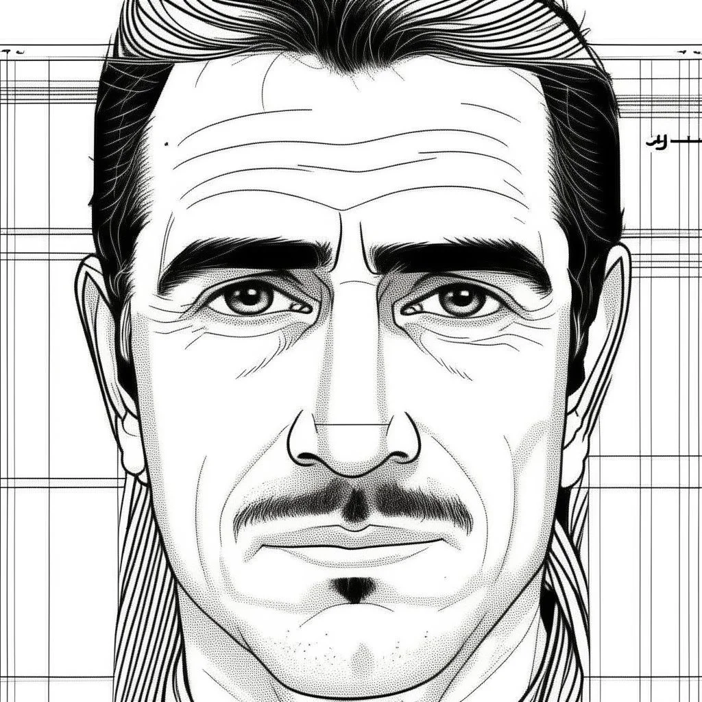 About drawing these features of a man's face Eyes: almond-shaped, medium-sized with defined eyelids and a direct and steady look. nose: a nose with prominent features, straight and with a slightly pointed tip, which can be described as a Roman nose. Mouth: Medium width with defined lips, neither too full nor too thin. Eyebrows: Naturally dense and curved, to match the shape of the face. Big Mustache: dense and arched following the shape of the upper lip.Chin and jaw: A prominent chin and defined