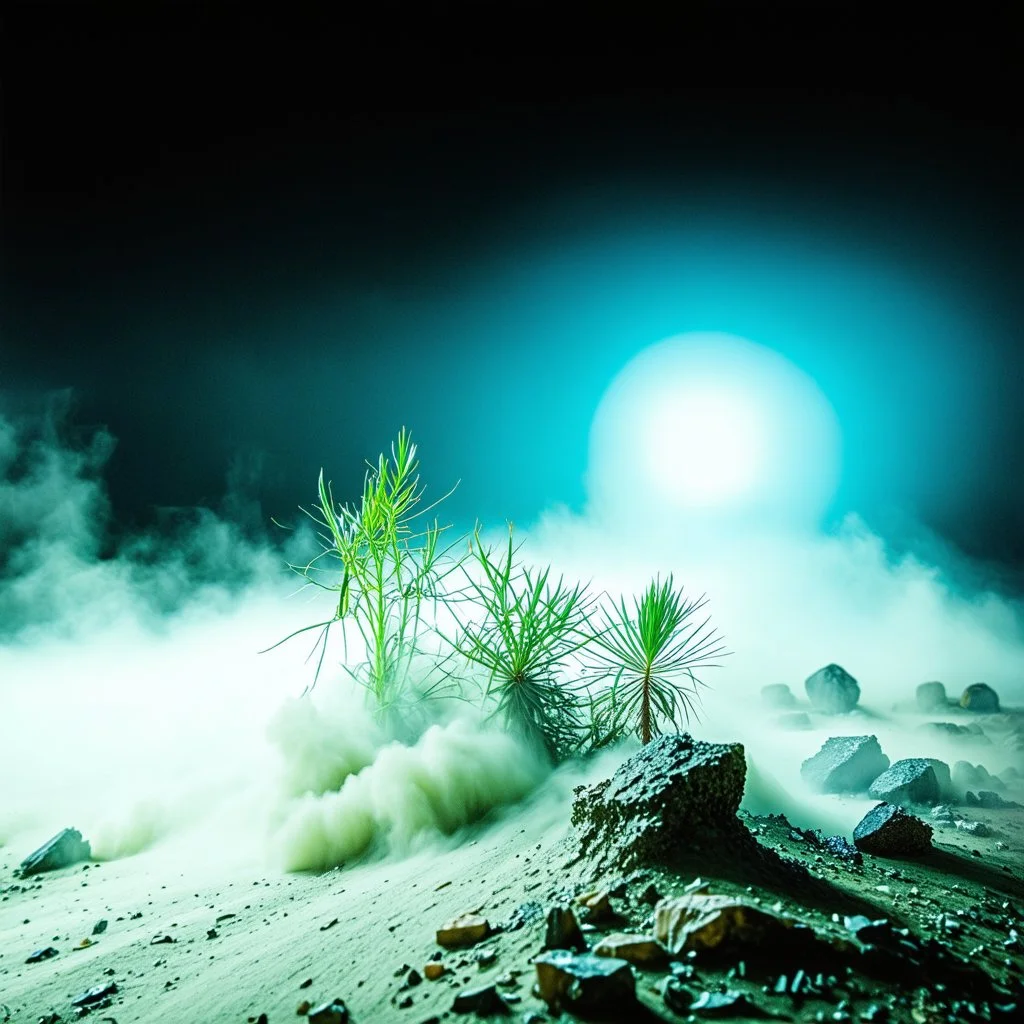 A striking quality Kodak photograph captures a wasteland with liquid and group of monstruous plants, creepy, details of the dust very accentuated, glossy organic mass, adorned with minerals and rocks. Bathed in intense light, eerie, Max Ernst style, blue sun, fluids, fog, paranoic, obsessive