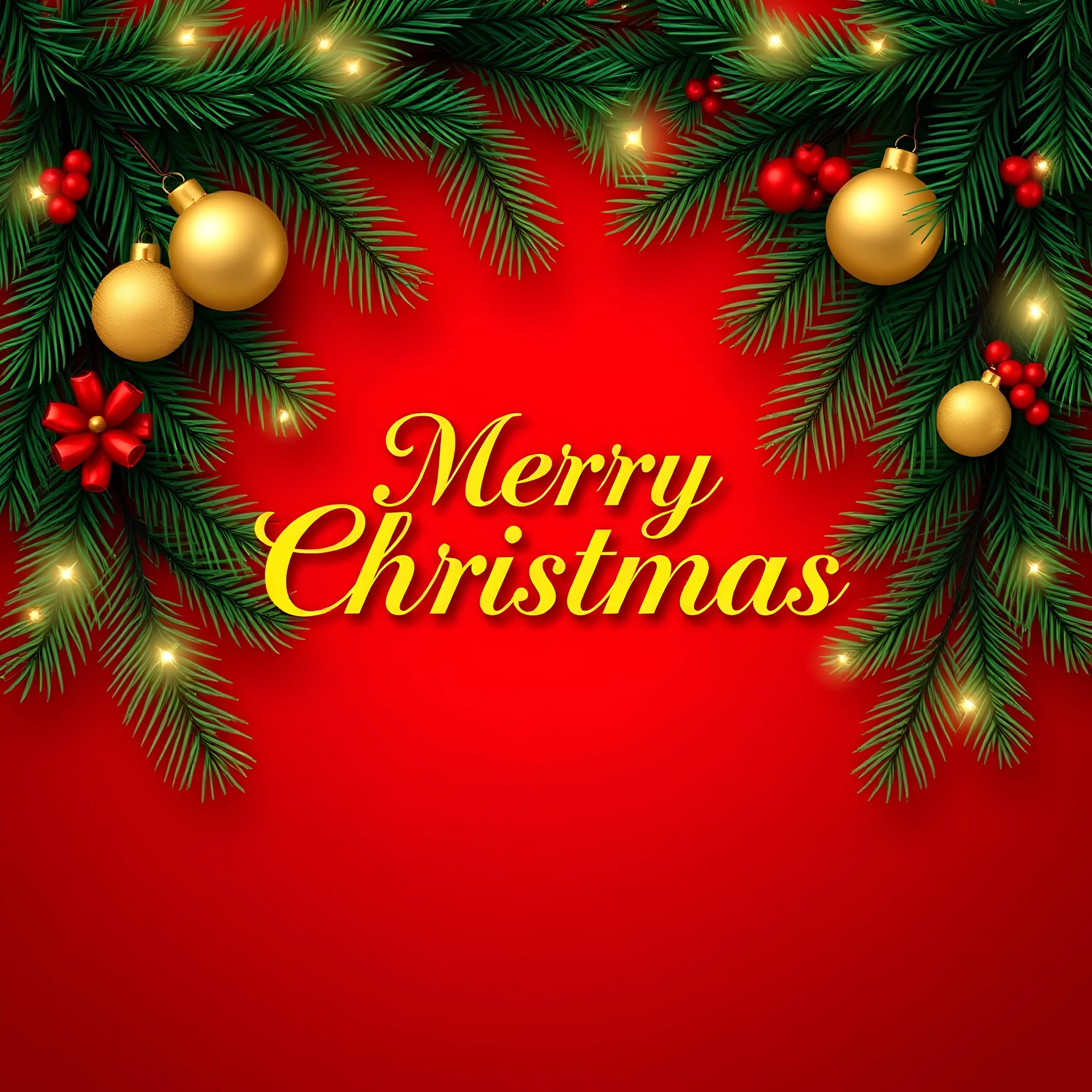 A festive Christmas greeting card with a red background. The border is decorated with realistic green pine branches, golden ornaments, and twinkling lights. In the center, the text 'Merry Christmas' is written in elegant matching colors and gold fonts. The design has a classic holiday feel, with golden sparkles scattered around the edges, creating a warm and joyful atmosphere.