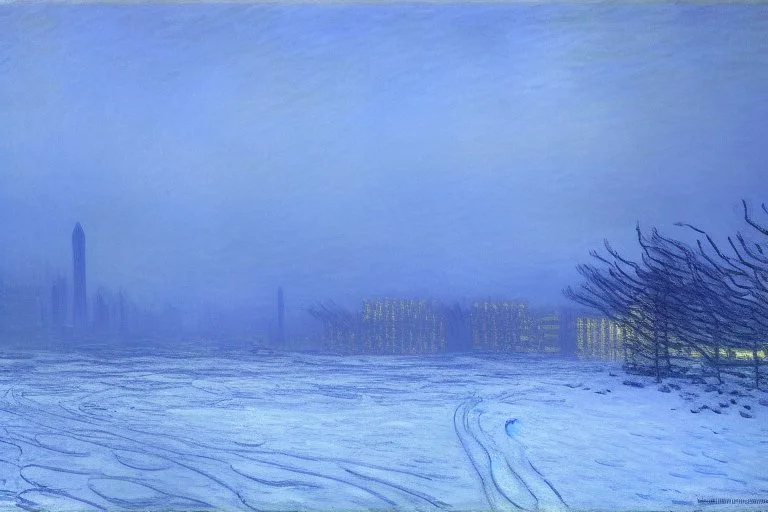 cyberpunk buildings near the frozen lake, winter, tendency to science fiction, realistic vision, claude monet painting