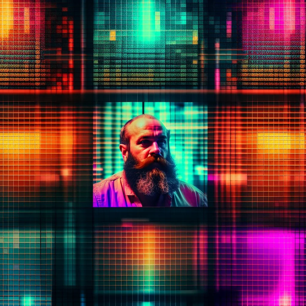 vintage photos arranged in a binary grid, a fat, bearded man (watching tv:1.8),,comic book panels, multiple angles, a mixture of lighting and color palettes.