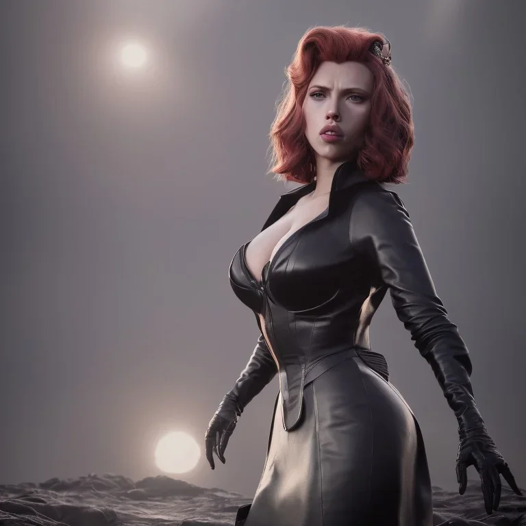 Scarlett Johansson as evil queen in black leather gown, cleavage, angry, stern look unreal 5, octane render,cinema4d, dynamic lighting, dramatic lighting, 4k, redshift render, highly detailed, hyper realistic