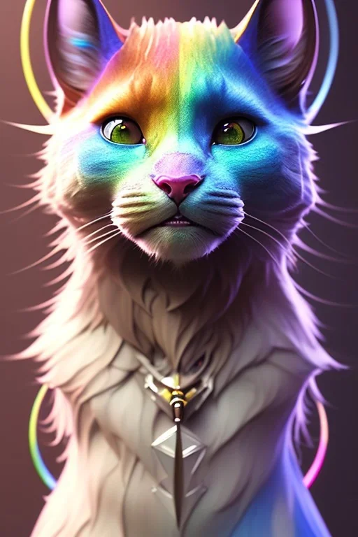 award winning portrait of a male anthropomorphic rainbow cat long black hair. character design by cory loftis, fenghua zhong, ryohei hase, ismail inceoglu and ruan jia. unreal engine 5, artistic lighting, highly detailed, photorealistic, fantasy