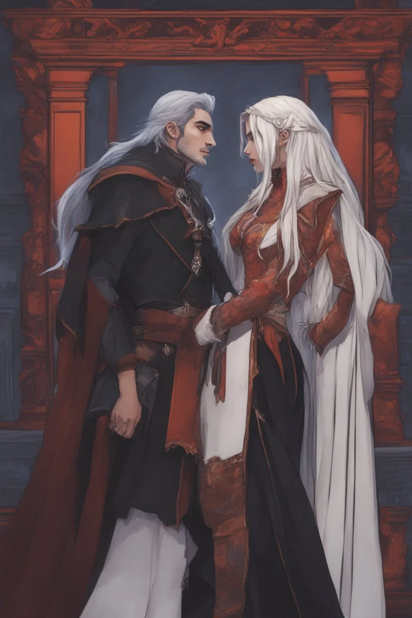 A couple from the dnd game curse of Strahd kissing. She has white hair he has long black hair.