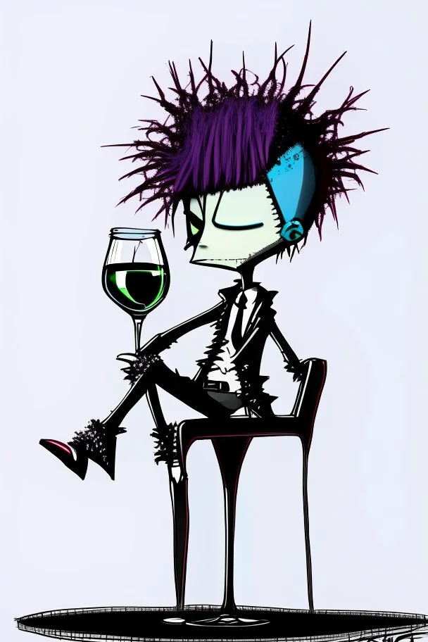 2d drawing of a stickman, cool with punk hair, x eyes like in hangman, smart suit, sitting on chair with wine glass,3d realistic in colour