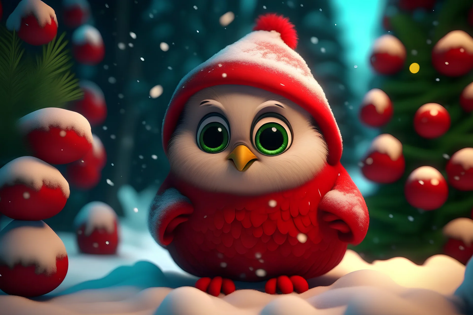 Cute Santa smiley in a red jacket in the snow and Christmas tree, a cute cute little bug-eyed megafowl kawaii. high resolution, 64k, detail rendering, high quality, fantasy, soft warm lighting, fluffy eyelashes, macro photography, 3D rendering, hyperrealism, hyperesthetic, sharpen, CGI