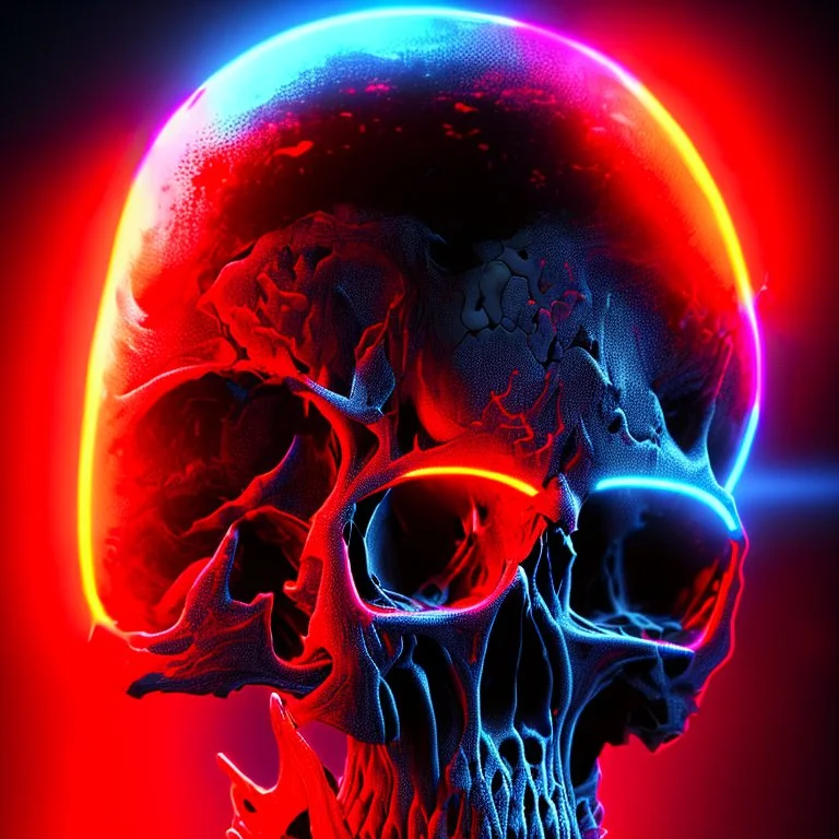 hundreds of non-anatomically correct, dark comic art, graphic novel,human skulls stacked into a wall unusual neon lighting, high velocity, 64k, dystopian, vray,