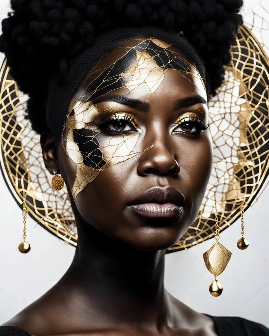 a beautiful black woman face made of kintsugi seam