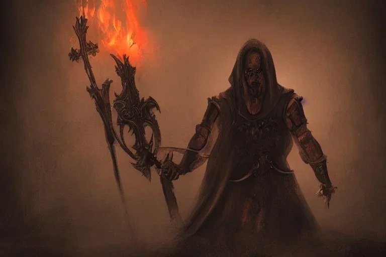 Church executioner, Fire theme art, Dark moody night atmosphere, 8K, high body details, anatomically perfect bod