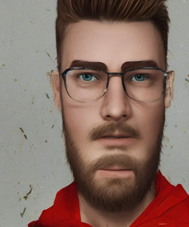 a young man, BLONDE hair, beard, green eyes, glasses, anime, deep colors, cyberpunk, great pose, Realistic photography, incredibly detailed, ultra-high resolution, 8k, complex 3d render, cinema 4d.