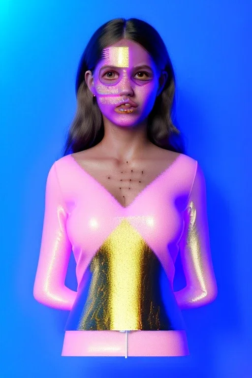 Ultra Realistic image, Rosalía artist, portrait, normal complexion, natural small busty, traditional little tattoo, two bows, little chopsticks hair ,black eye long liner, latex t-shirt, inflatable open coat, gold pink and blue style, spray line glow make up, geometric led jewelry, fog, hot, inflatable style latex coat, vibrant color, highly detailed, art stations, concept art, smooth, unreal engine 5, god rays, ray tracing, RTX, lumen lighting, ultra detail, volumetric lighting.