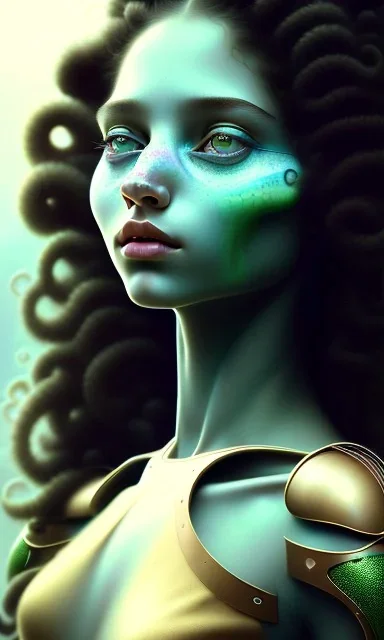 young girl, cute, beautiful, long curly hair, black hair, green alien skin, big flat nose, black eyes, big eyes, turquoise dress, head and shoulders portrait, 8k resolution concept art portrait by Greg Rutkowski, Artgerm, WLOP, Alphonse Mucha dynamic lighting hyperdetailed intricately detailed, avatar pandora