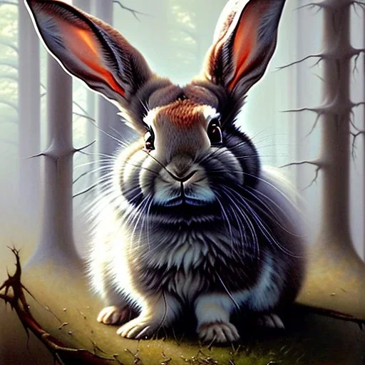 frank frazetta style, cute rabbit in the forest clearing