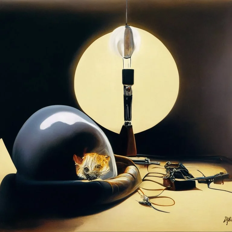 Abstract painting formed by a mix of human flesh-like surgical instruments and universe-like neuralink, a cat looking at a pigeon inside a huge bulb between light and shadow at dusk,surrealism,minimalism,Painting By Adrian Ghenie, Rene Magritte, Salvador Dali, Lucian Freud