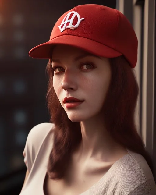 woman with a red baseball hat. leaning on a wooden balcony. night time. anime. studio lightining.