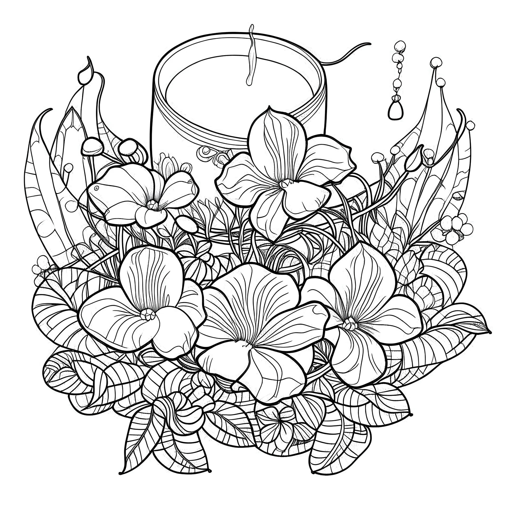 outline art for visually rich appealing centered heart ikebana orchids plumeria rounded stones candles, coloring page for kids, white background, fit to page, only use outline, clean line art, no shadows, clear and well outlined