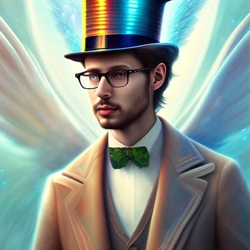 water color and spray painting fantasy art, portrait angel gentleman, dark hair,top hat, wearing glasses,holding harp, standing in portal to wet forest world from city world,poetry book illustration