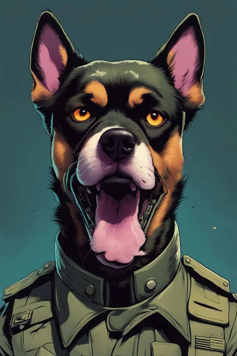 A soldier dog dressed in military combat uniform, digital illustration portrait, dog's face is snarling, aggressive, angry, Craig Miller , futuristic, pulp fiction graphic novel style