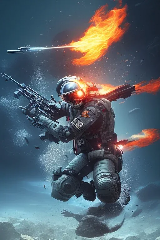 diver like a flame,with the gun,hi quality detail,hi quality textures,cinematic,realistic,aggressive,cosmic