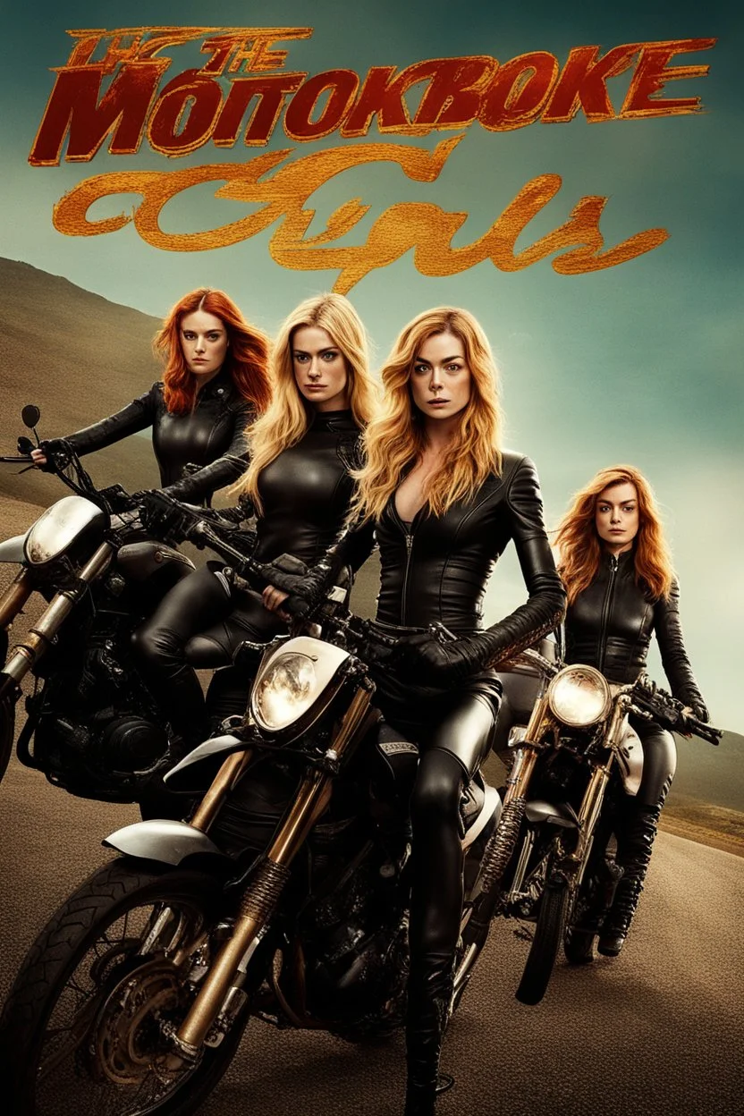 Poster for an action film called "The Motorbike Girls" starring Katherine McNamara, Margot Robbie and Georgia Henshaw wearing tight leather catsuits, standing side-by-side.