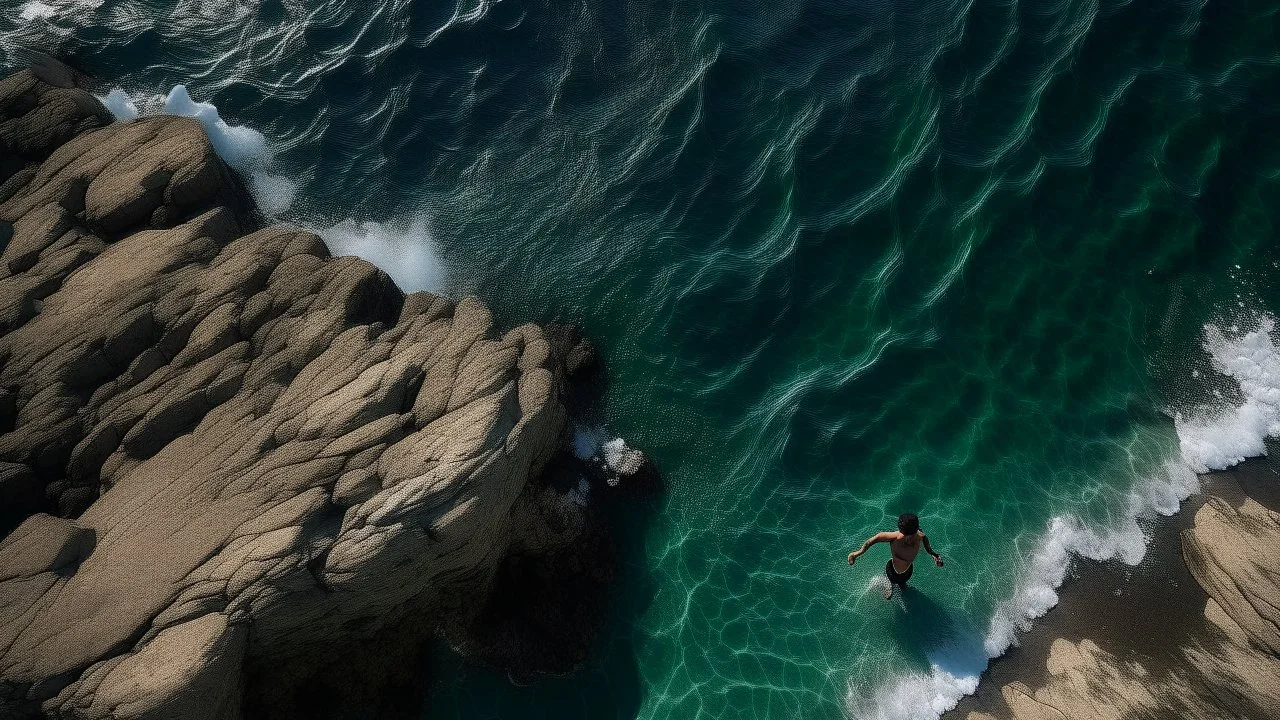 Aerial view of a swimmer diving headfirst into the sea from a rock formation.