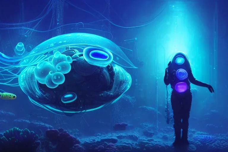 bioluminescent cyberpunk jellyfish, deep sea diver, extreme light, distant cyberpunk atlantis, organic, bio domes, coral, deep ocean, robotic, mariana trench midnight zone, bubbles, hyper realistic, hyper detailed, digital art, trending in artstation, studio quality, photorealistic, photo, by jesper ejsing, wlop, paul lehr