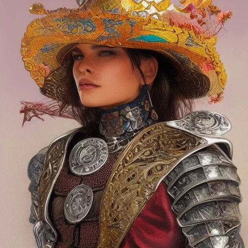 portrait,"Insanely detailed photograph of an armored mariachi warrior", highly intricate chainmail charo,colorful Sombrero,elegant, highly detailed D20, digital painting, artstation, concept art, smooth, sharp focus, illustration, art by artgerm and greg rutkowski and alphonse mucha, 8 k