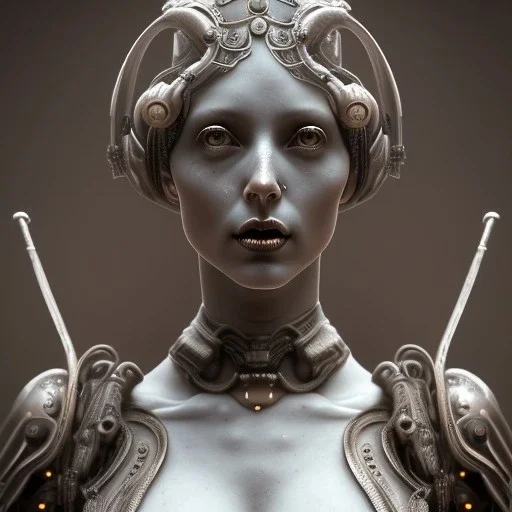 a greek marmor statue of a woman, steam punk, scary, horror, realistic, made in octane, cinematic, movie, CGI, ultra-realistic, extremely detailed octane rendering, 8K, VRAY Super Real ar 2:3, dof photorealistic futuristic 50mm lens hard lighting dark gray tintype photograph, realistic lighting, sephia colors