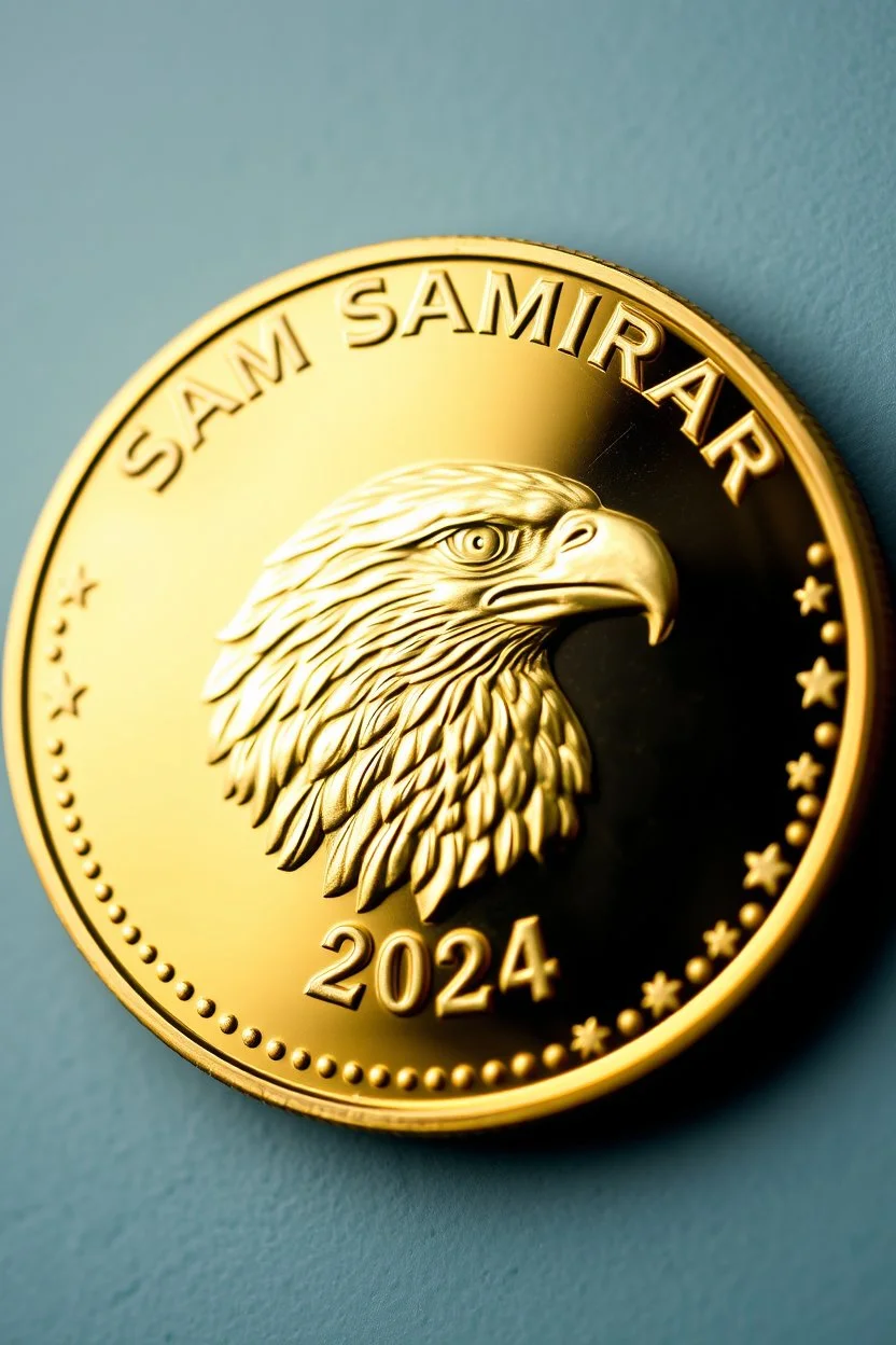 view of word , SAM SAMARRAI 2024, on the edge on the gold coin ,with picture of eagle head, in the middle of the coin.