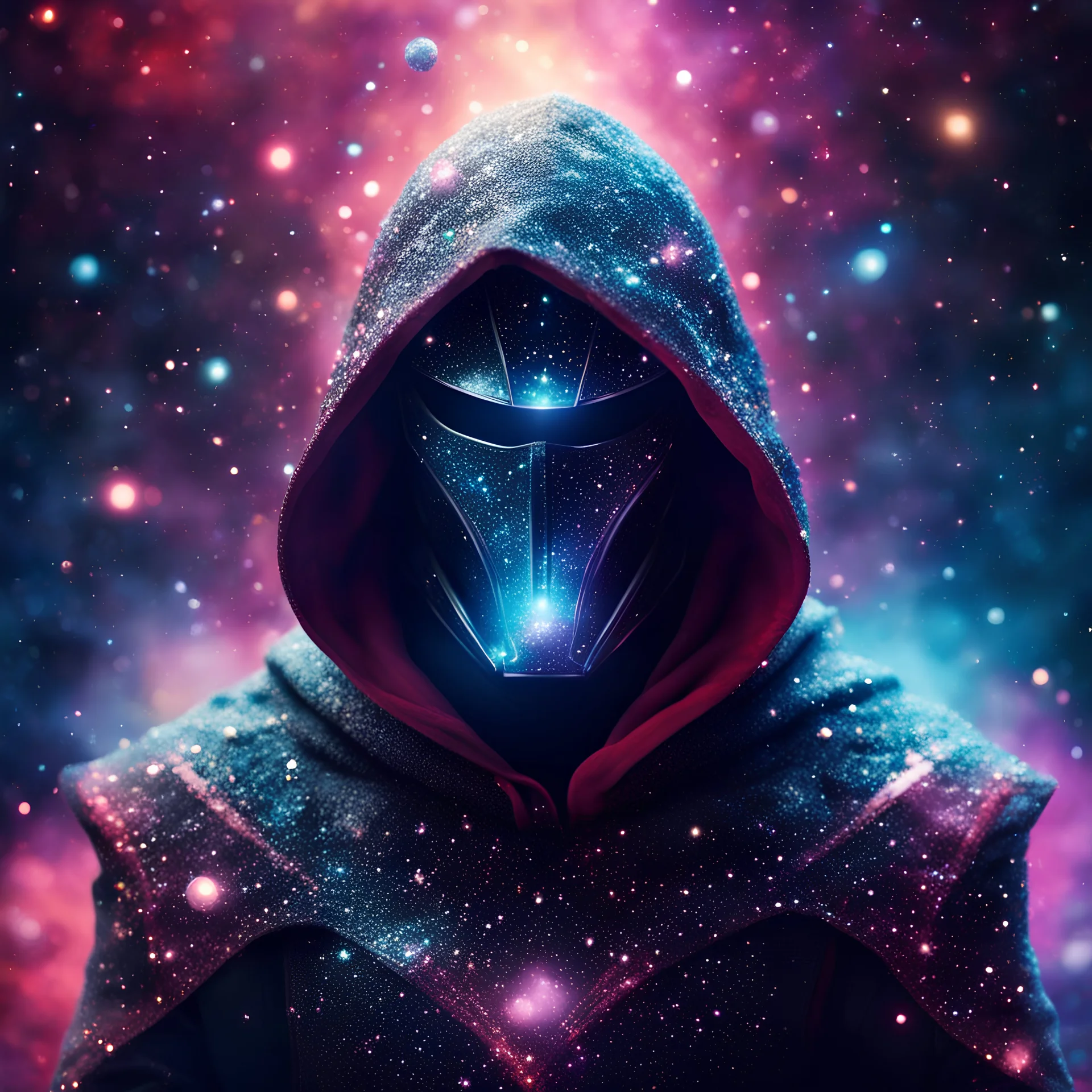 hooded space knight covered with glowing crystals, nebula particles in air, in space, galaxy in background, bright colors, glowing sparkle particles, dark tone, sharp focus, high contrast, 8k, incredible depth, depth of field, dramatic lighting, beautifully intricate details, clean environment, epic dynamic scene