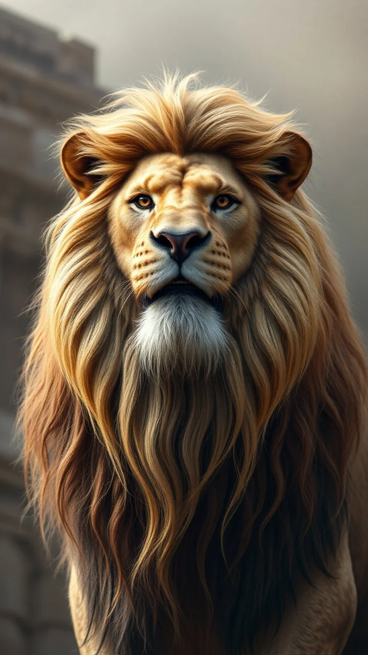 A lion with human look face and long hair and beard looks like an ancient Sumerian gods
