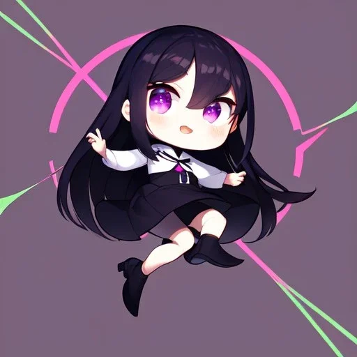 Clear focus,High resolution, Black long straight hair, and purple eyes, wearing a skirt,with stocking, with long boots on, Happy, Jumping, Half Chibi