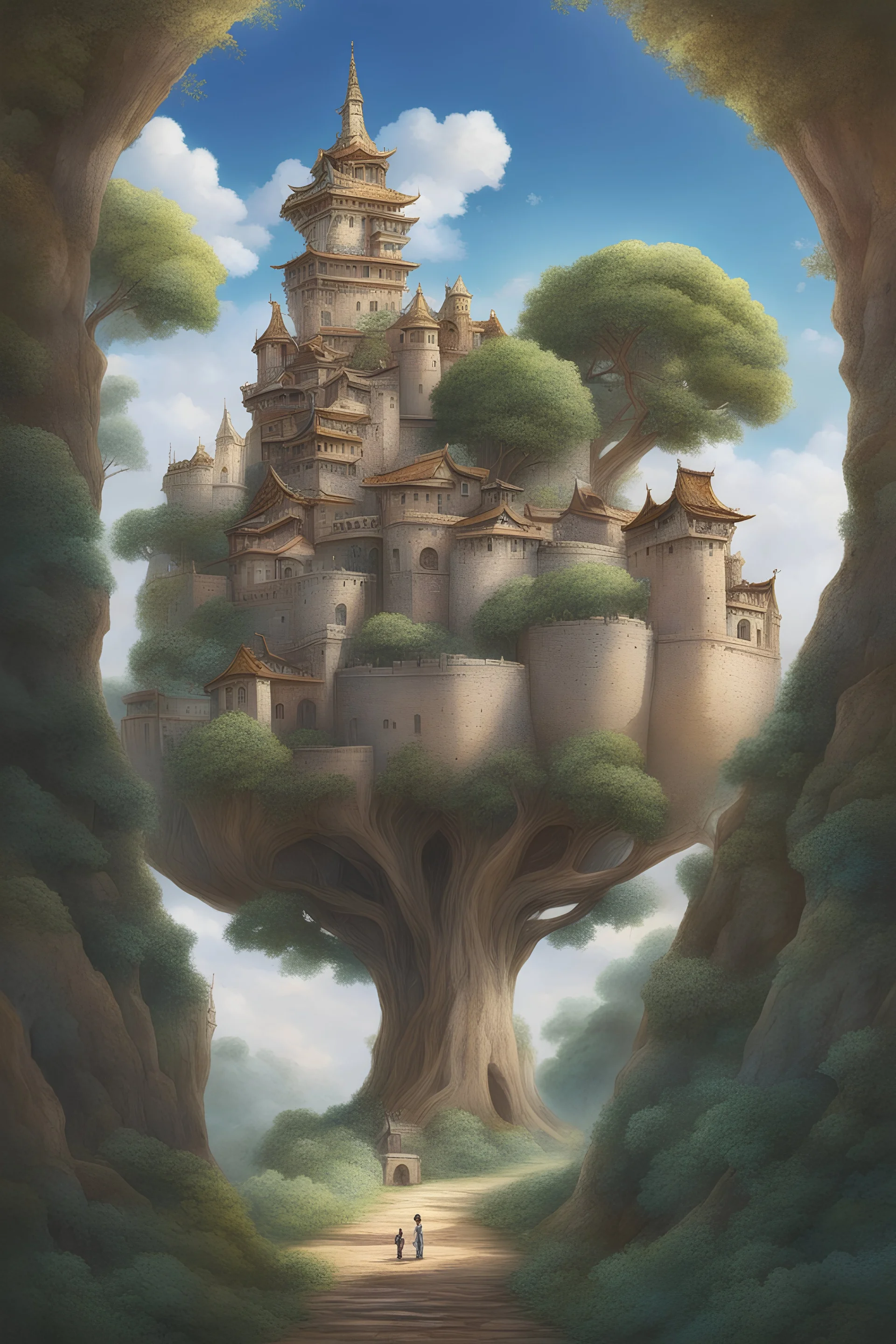 Anne Anderson, Mitsumasa Anno, Surreal, mysterious, strange, fantastical, fantasy, Sci-fi, Japanese anime, Baobab tree castle, glass sphere, boy and girl, detailed masterpiece, perspectives angles bird’s eye views