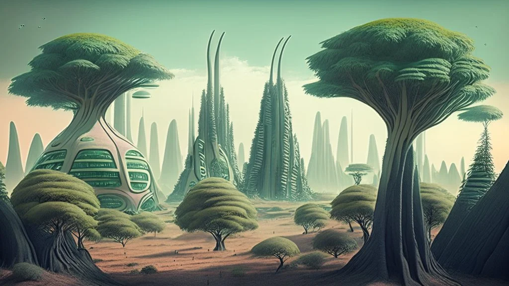 alien landscape with trees and buildings