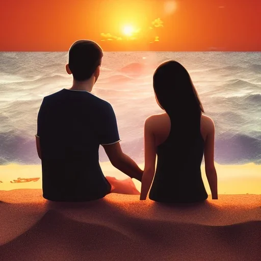 2 lovers watching the sunset sitting in the sand on a sand island