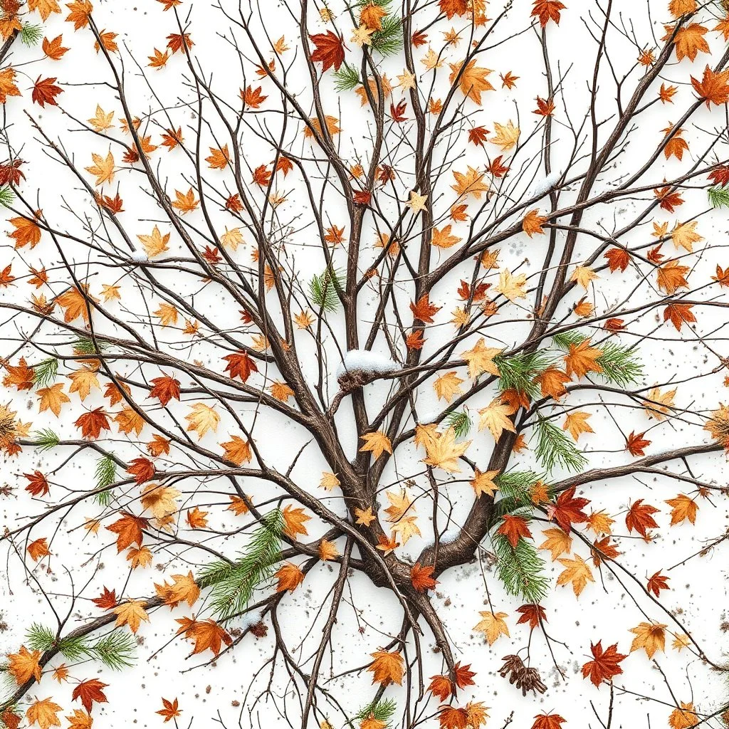 detailed Real Tree Camouflage made of bare bush branches, fir branches, dried maple leaves, snow and dirt, white background, seamless repeatable texture camo pattern