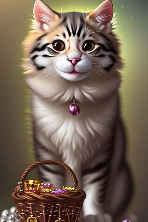 A knitted cute adorable smiling cat holding a basket of jewels and gems. His fur is realistic. The background is a romantic carpet bokeh digital painting extremely detailed studio lighting crisp quality and light reflections 8k cinematic lighting portrait photorealistic ultra detailed cinematic postprocessing focused