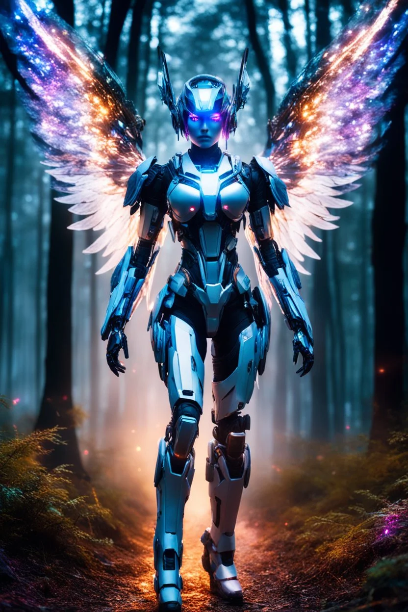 Front View night photography Beautiful Angel Cyborg mecha in Magical Forest full of lights colors, Photography Art Photoshoot Art Cinematic Soft Blur Colors - on Running Dramatic Pose