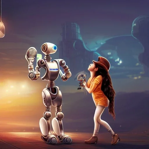 great illustrator, spanish, realistic rendering of a cute spanish girl kiss a robot bird. beautiful, simmetric, steampunk style. Helmet with tubes. Machinery in the background. Robotic bird flying. High details. 4k. unreal engine, sunset