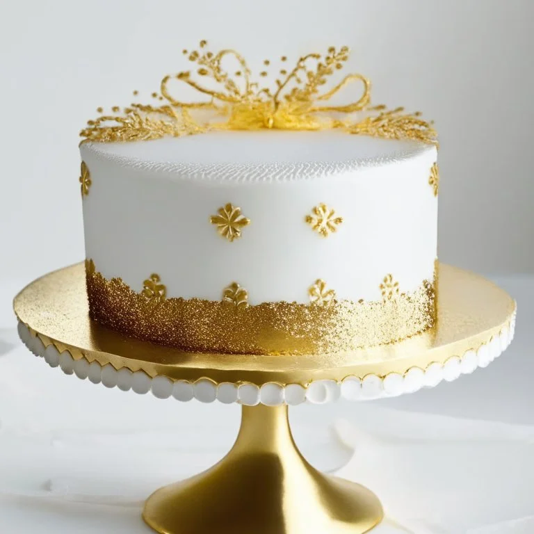 A picture of a simple white cake with golden decoration