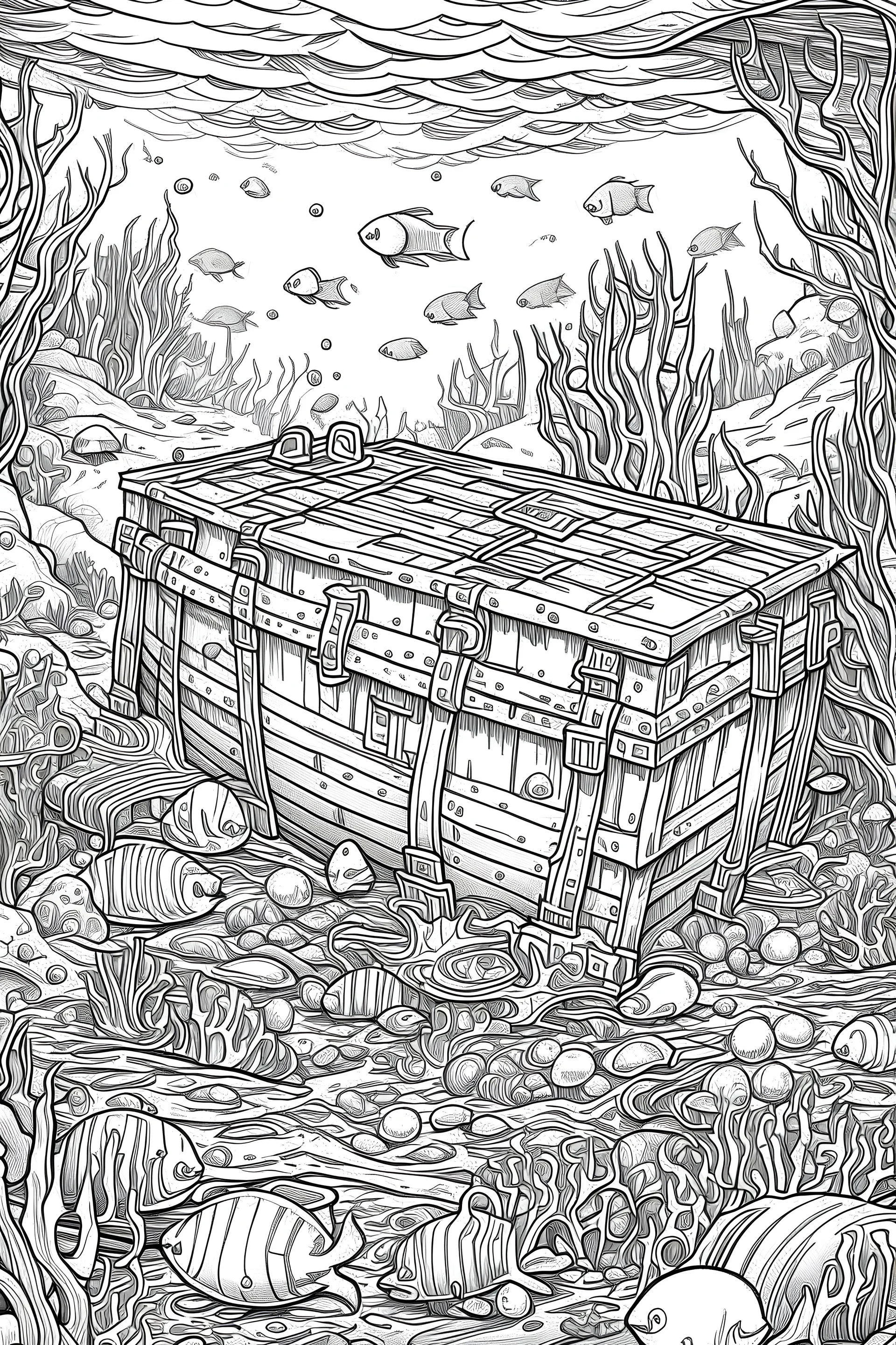 coloriages mystères :Une épave de bateau repose au fond de l'océan, entourée de trésors engloutis tels que des coffres au trésor, des bijoux étincelants et des artefacts mystérieux. Des poissons curieux explorent les environs.