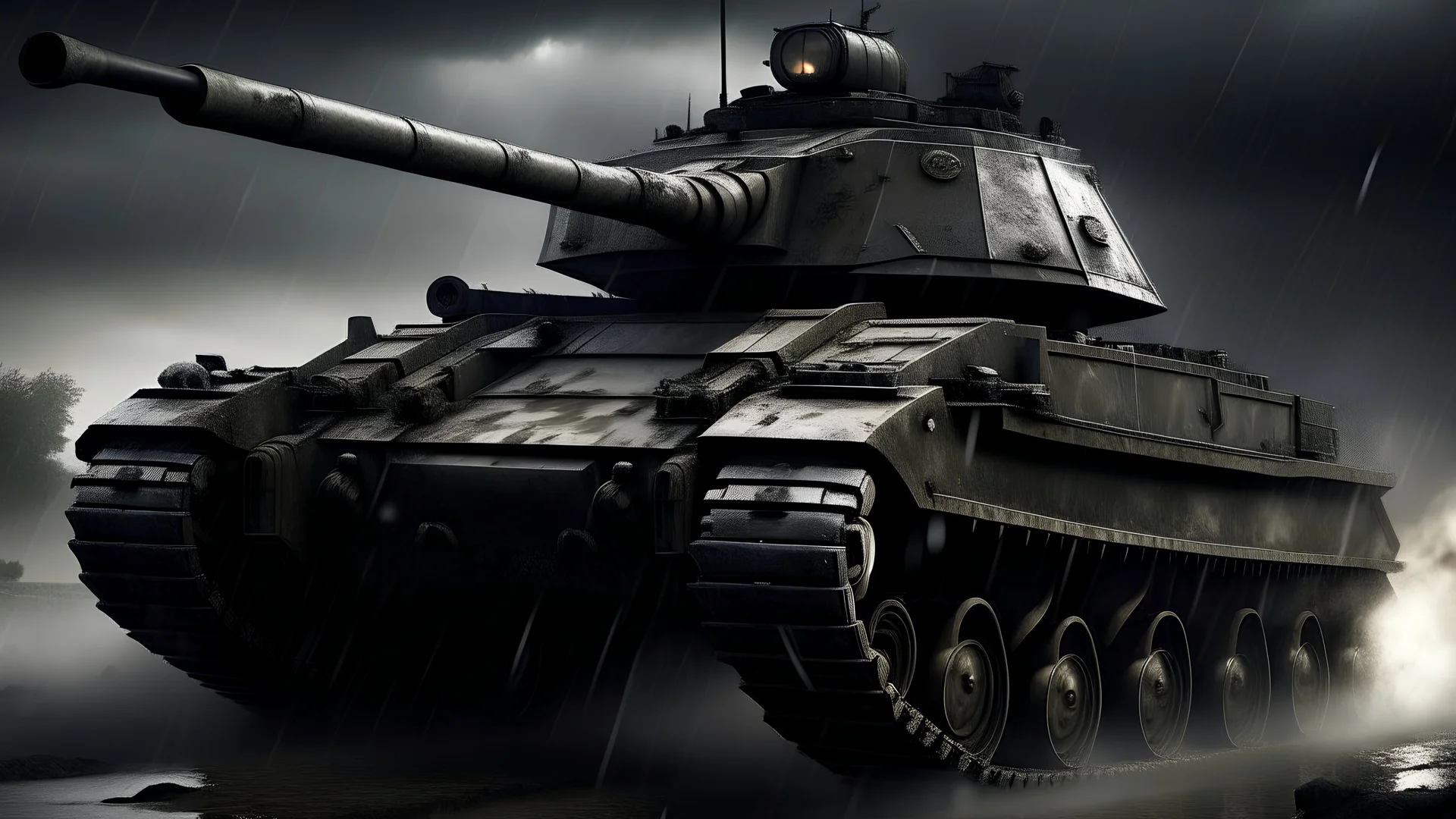BLACK AND SCARY WORLD WAR 2 GERMAN TIGER TANK WITH SWASTIKA. iT races towards the viewer, seen from ground level. The tank has a large gun and machine gun. The tank looks scary and powerful. It is pouring with rain. Photo realistic, epic, cinematic, full colour. tHE TANK LOOKS FORBIDDING AND EVIL