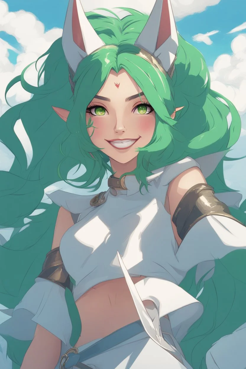 concept art of a beautiful smiling woman with green hair, by Krenz Cushart, clouds, detailed digital artwork, illustrative, key visual, highly detailed, cinematic composition, free, liberation, holy light, majestic, magical, devil wings, pointy dog ears, high contrast,