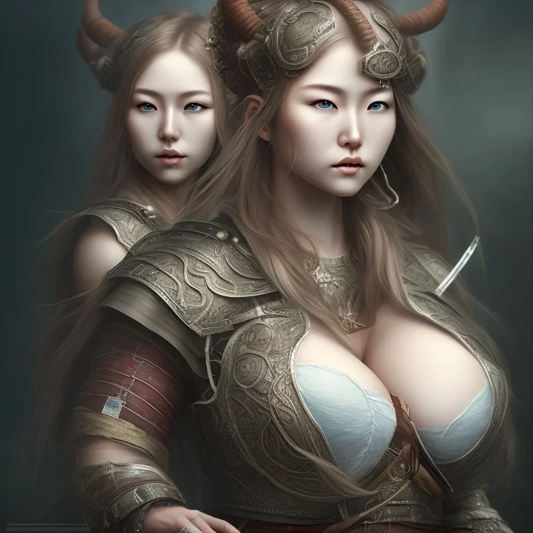 full portrait of wonderful japanese woman viking,big breasts with torn clothes , high detail, volumetric lighting, tiny features, intricate detail,volumetric clouds