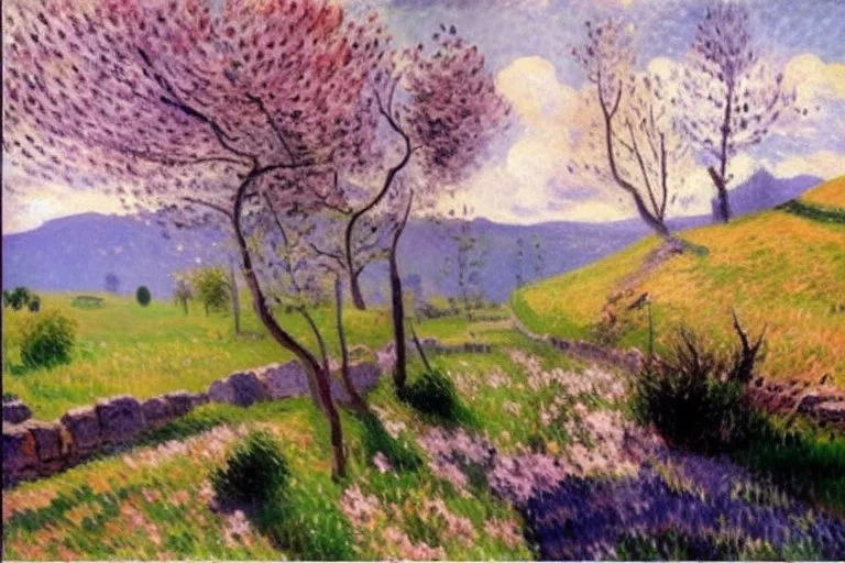 Sunny day, clouds, spring trees, spring influence, flowers, grass, prairie, stone walls, mountains, camille pissarro impressionism paintings