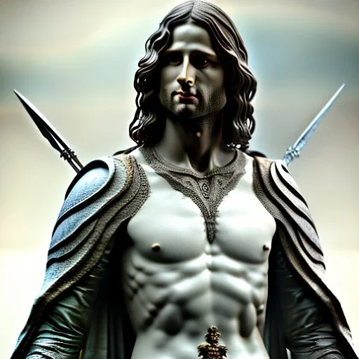 White Sculpture aragorn, full body, greek sculpture style, full body, fresco background, hyper realistic, 8k,