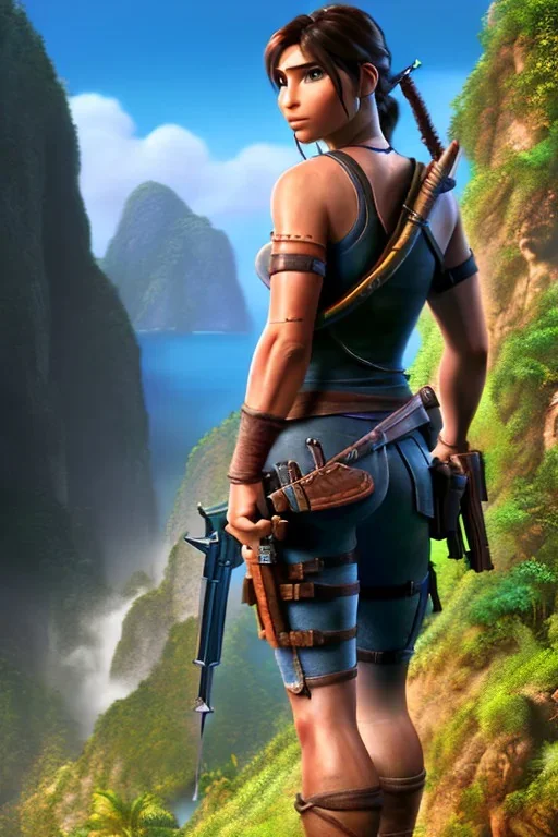 hyper realist, hyper detailed, stunningly beautiful Lara Croft, MO-DI CARTOON style