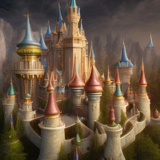 The palace of magic king, huge structure, panoramic view, zoomed out view of the exterior, mysterious, soft lighting, unreal engine 5 volumetric lighting, intricate details, realistic style, 8k resolution